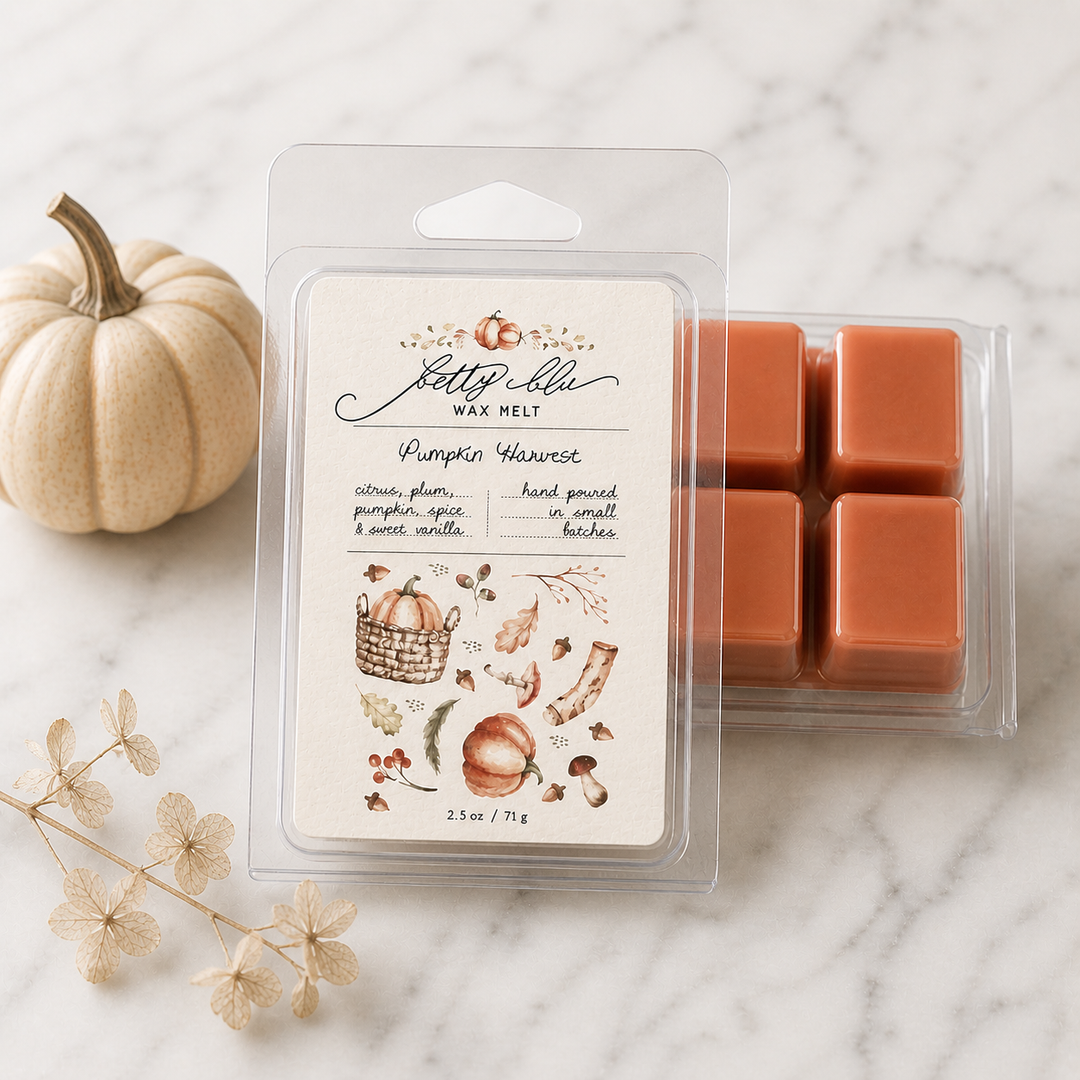 Pumpkin Harvest Wax Melts from Betty Blu, phthalate-free and hand-poured in Sarasota, Florida