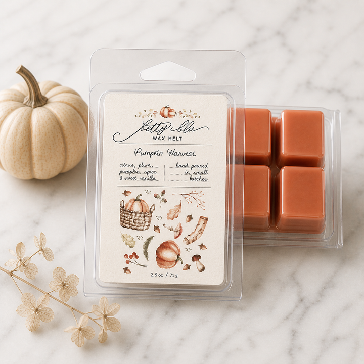 Pumpkin Harvest Wax Melts from Betty Blu, phthalate-free and hand-poured in Sarasota, Florida