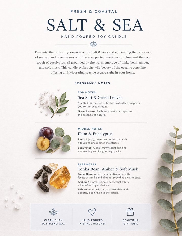 Salt & Sea Candle by Betty Blu, hand-poured in small batches in Sarasota, Florida