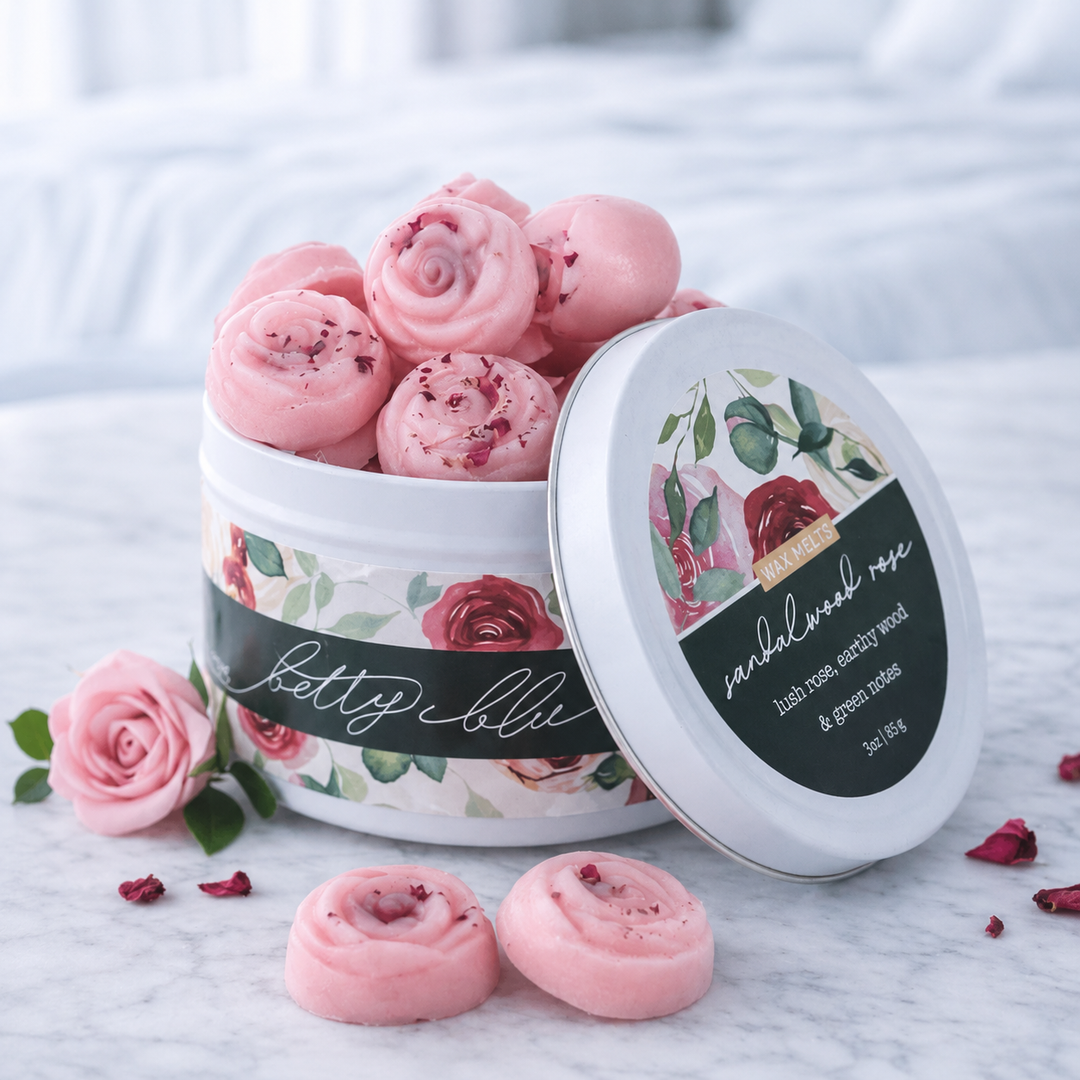Sandalwood Rose Wax Melts by Betty Blu, hand-poured in small batches in Sarasota, Florida
