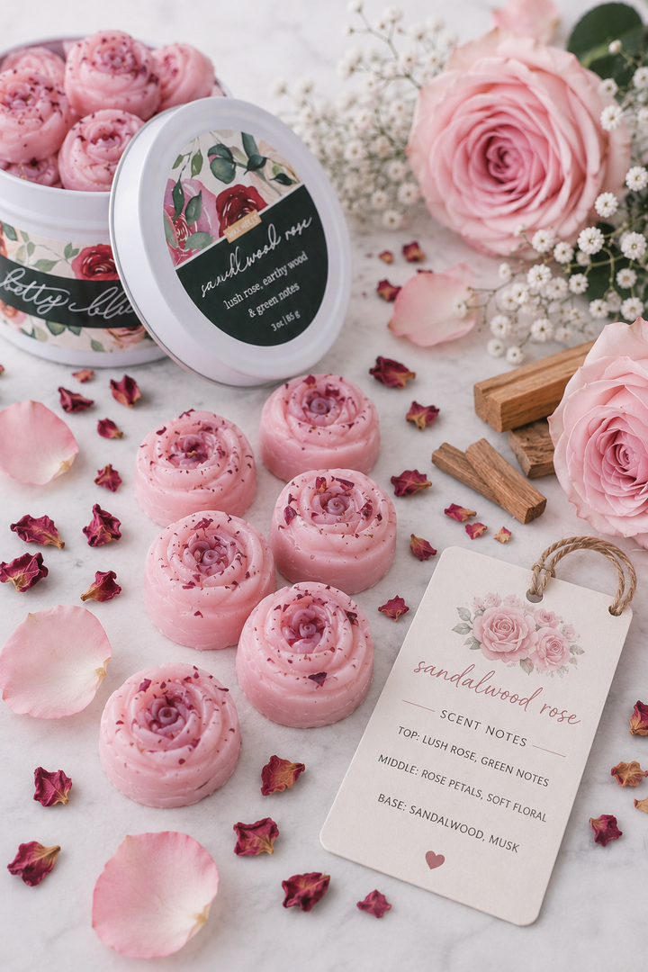 Sandalwood Rose Wax Melts from Betty Blu, phthalate-free and hand-poured in Sarasota, Florida