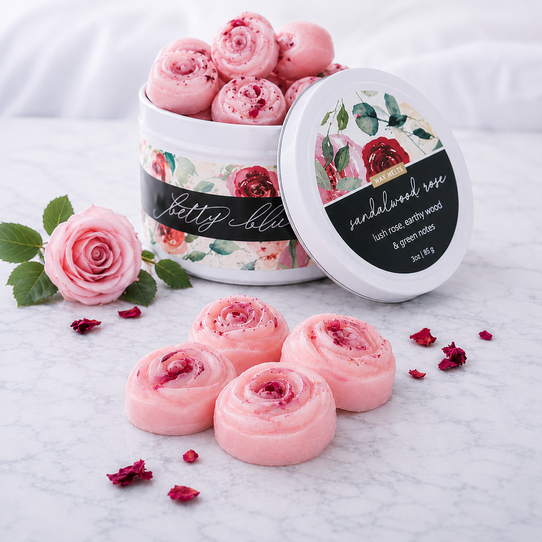 Sandalwood Rose Wax Melts by Betty Blu, small-batch wax melts made in Florida