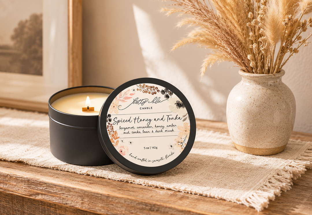Spiced Honey and Tonka Candle by Betty Blu, hand-poured in small batches in Sarasota, Florida