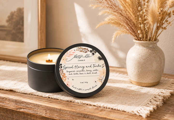 Spiced Honey and Tonka Candle by Betty Blu, hand-poured in small batches in Sarasota, Florida