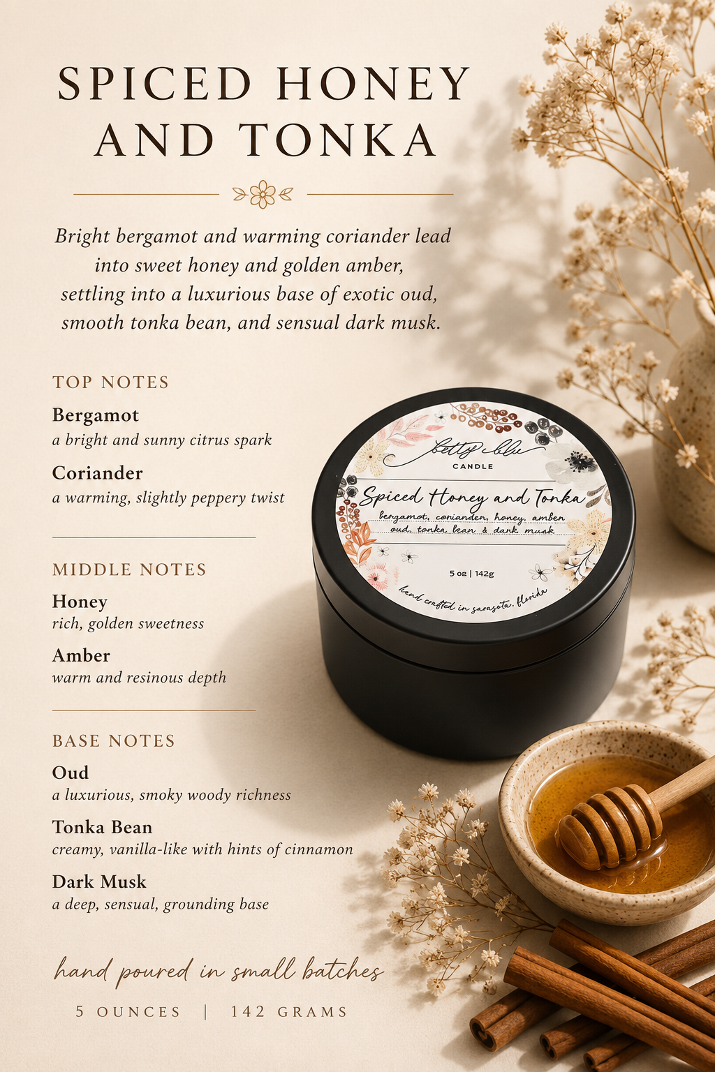 Spiced Honey and Tonka Candle from Betty Blu, hand-poured candle