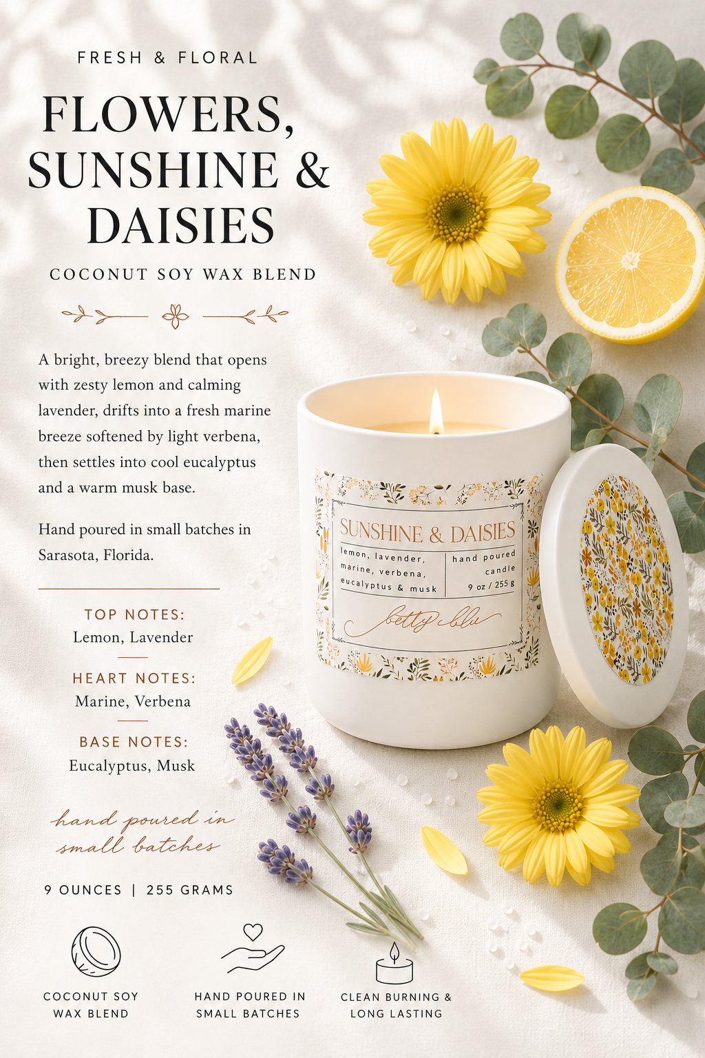 Sunshine & Daisies Candle from Betty Blu, hand-poured candle