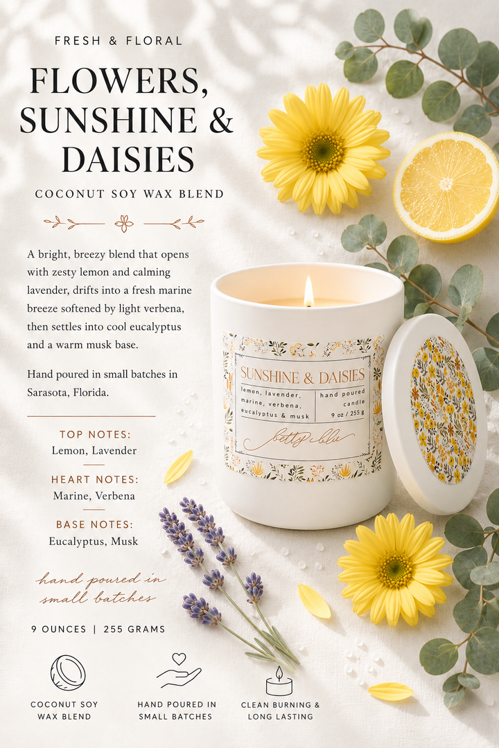 Sunshine & Daisies Candle from Betty Blu, hand-poured candle