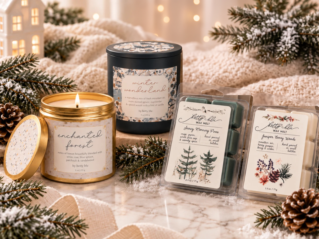 The Evergreen Set by Betty Blu, Enchanted Forest and Winter Wonderland candles with Snowy Morning Pines and Juniper Berry Woods wax melts