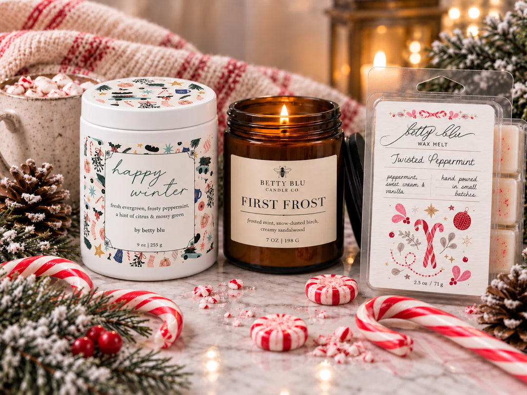 Peppermint and Snow gift set by Betty Blu, Happy Winter and First Frost candles with Twisted Peppermint wax melts and candy canes
