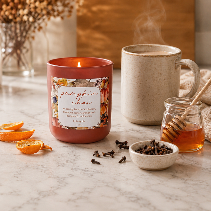 Pumpkin Chai candle by Betty Blu, lit on a marble counter beside a chai latte, honey, cloves and orange peel.