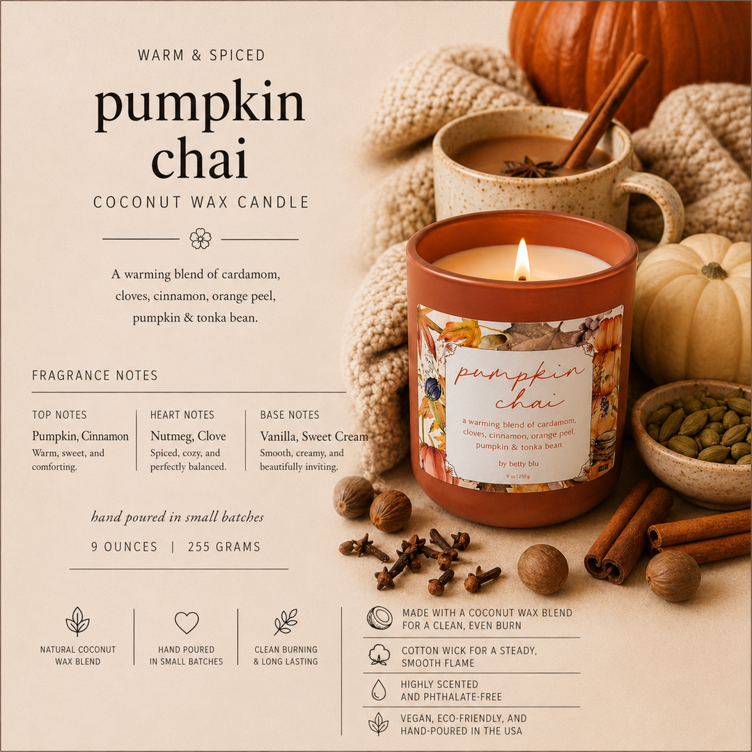 Pumpkin Chai fragrance notes: pumpkin, cinnamon, nutmeg, clove, vanilla and sweet cream. 9 oz coconut wax candle.
